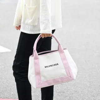 【Balenciaga 巴黎世家】NAVY 簡約LOGO厚帆布拼接附萬用袋大手提包托特包(米白)