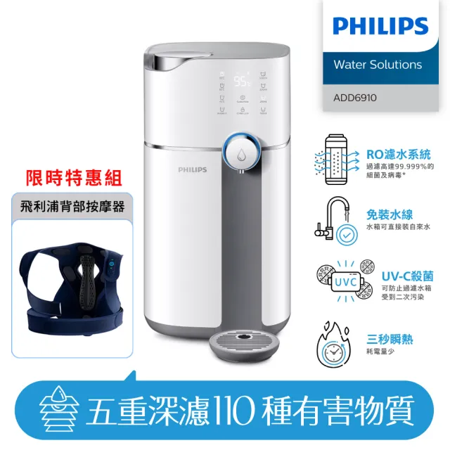 【Philips 飛利浦】智能雙效UV-C滅菌/RO過濾瞬熱淨水機+背部按摩器(ADD6910+PPM4561DB)