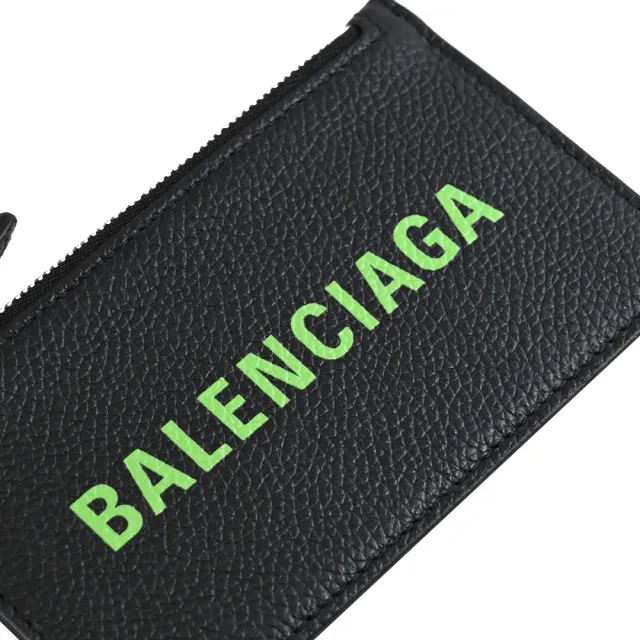 【Balenciaga 巴黎世家】簡約品牌LOGO斜背頸掛牛皮信用卡證件零錢包(黑/綠)