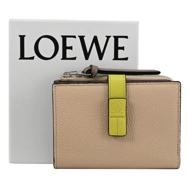 【LOEWE 羅威】簡約烙印LOGO撞色小牛皮釦式零錢短夾(裸色)