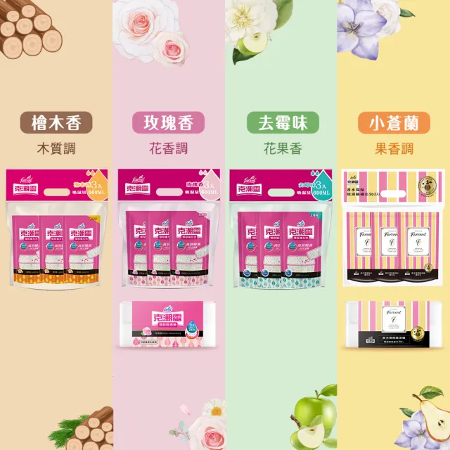 【克潮靈】環保型除濕桶組-玫瑰香/檜木香/去霉味/小蒼蘭英國梨/活性炭無香(3除濕桶+7補充包)
