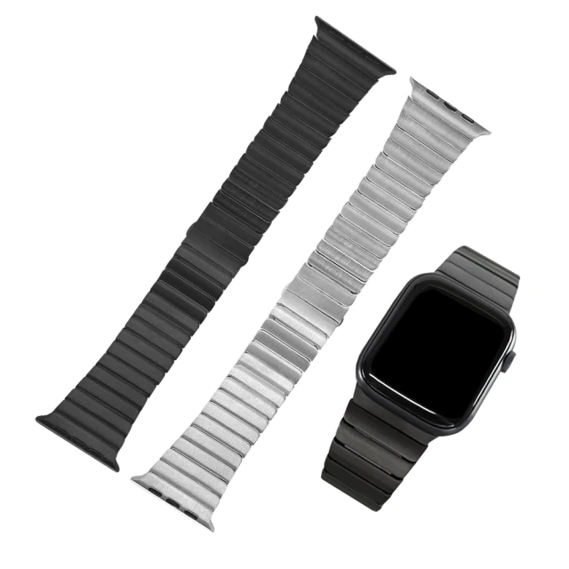 Watchband Apple Watch 全系列通用錶帶 蘋果手錶替用錶帶 竹節 蝴蝶扣 不鏽鋼錶帶(銀/黑色)