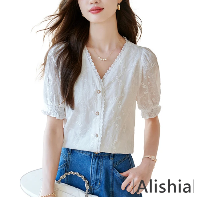 Alishia 法式V領花邊繡花公主袖蕾絲上衣 M-2XL(現+預 白色)