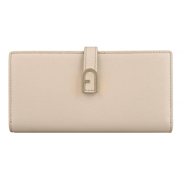 【FURLA 芙拉】Flow淡金拱門金屬LOGO小牛皮扣帶長夾(燕麥白)
