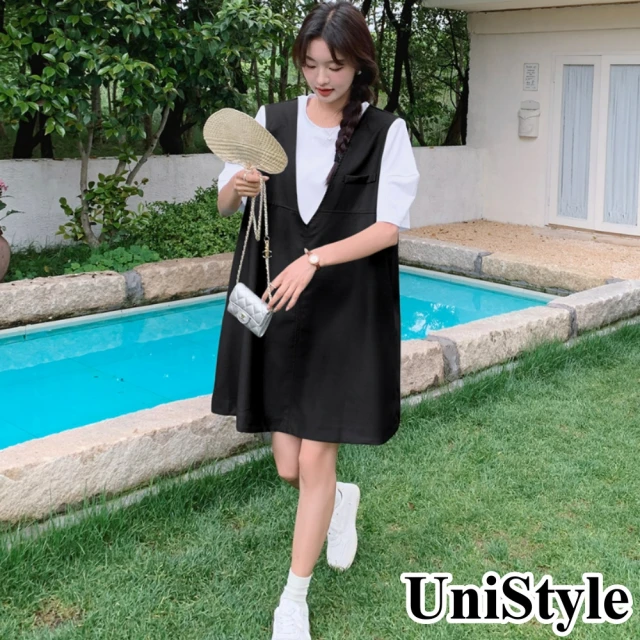 UniStyle 碎花短袖洋裝 韓系V領拼接壓褶連身裙 女 