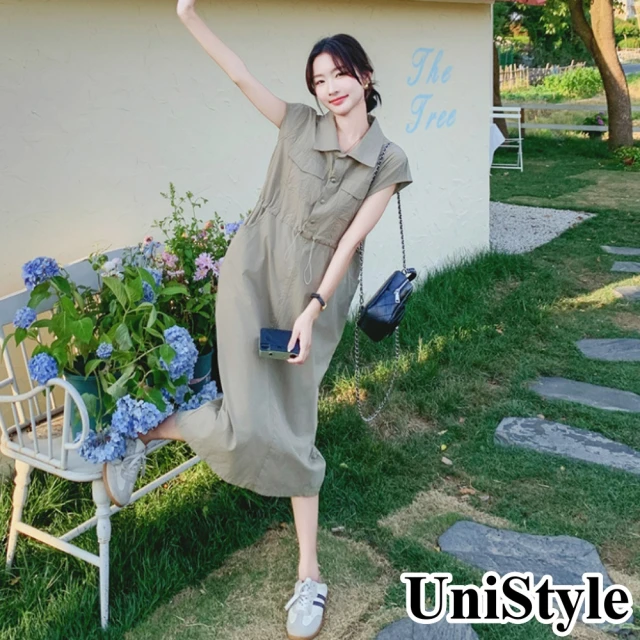 UniStyle 碎花短袖洋裝 韓系V領拼接壓褶連身裙 女 