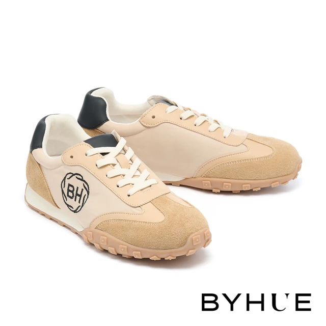 BYHUE BYHUE 美式懷舊LOGO電繡綁帶軟芯厚底休閒鞋(杏)