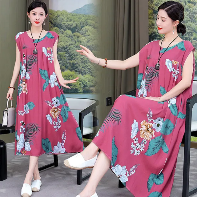 【K.W.】春季新品快速出貨熱賣夏玫紅花版棉綢親膚洋裝(韓國洋裝 中大尺碼)