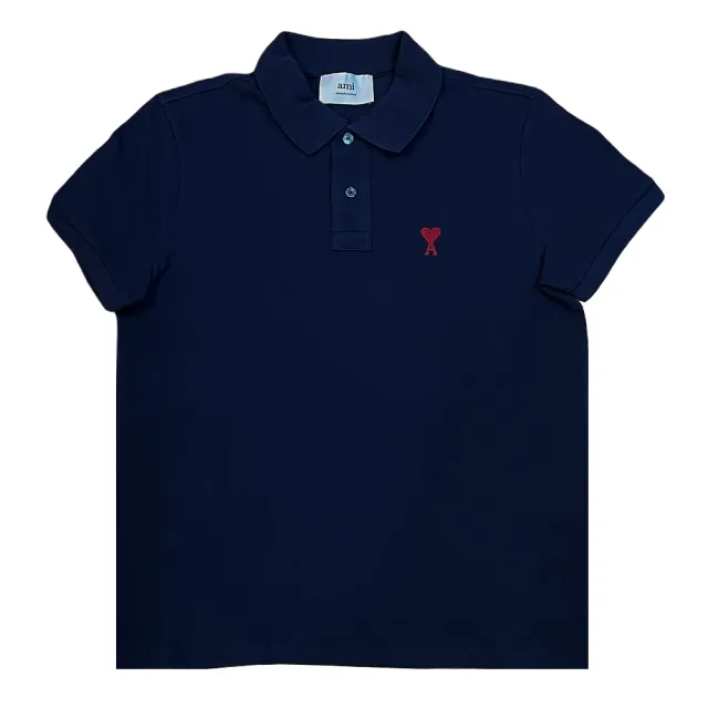 【AMI PARIS】男女同款 刺繡愛心A圖騰小logo 短袖POLO衫-深藍色(XS號、S號、M號、L號、XL號)