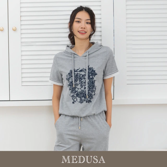 MEDUSA 曼度莎 現貨-刺繡裝飾紋理灰色帽T（M-2L）｜女休閒上衣 女短袖T恤(301-1430A)