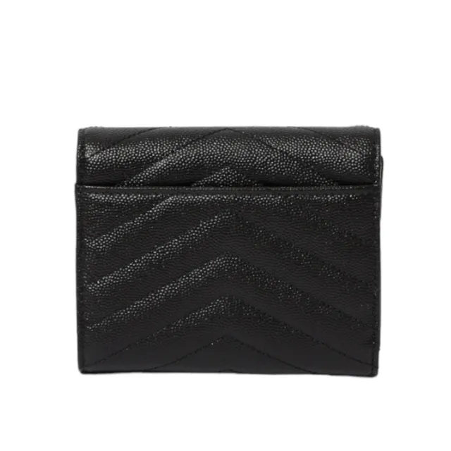 【YSL】SAINT LAURENT Cassandre 荔枝皮 皮革 三折開釦 短夾 卡夾 零錢包 黑色 金色 403943