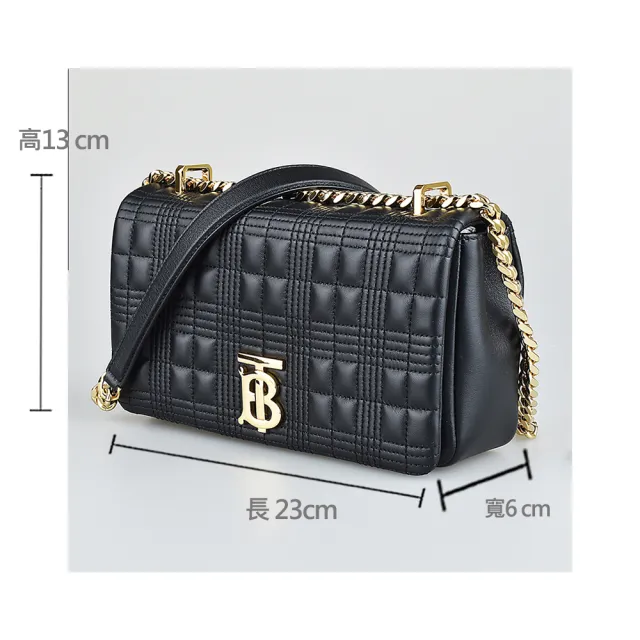 【BURBERRY 巴寶莉】BURBERRY LOLA金字LOGO磁釦式格紋羔羊皮鏈帶斜背包(小/黑)