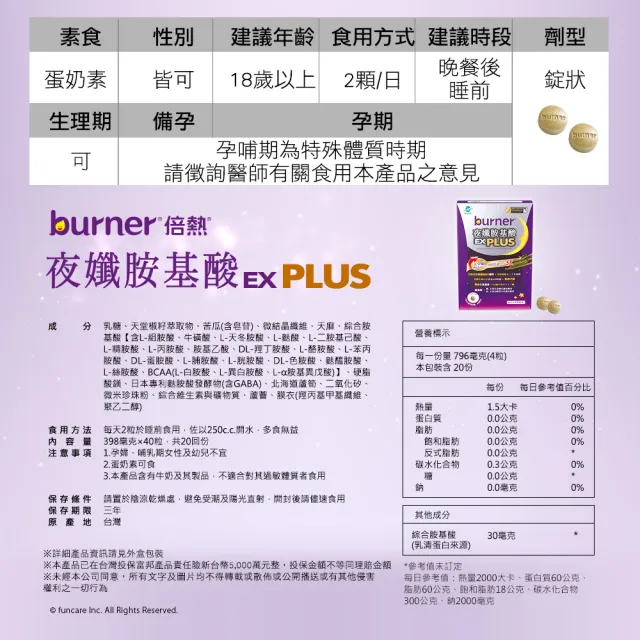 【船井burner倍熱】極纖錠2盒(共120顆)+夜孅胺基酸EX PLUS 2盒(共80顆)(宋芸樺愛用推薦)