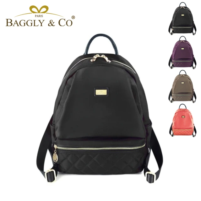 BAGGLY&CO 多隔層菱格紋真皮尼龍防盜後背包(雙11限定 1111 黑色/卡其色)