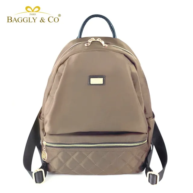 【BAGGLY&CO】多隔層菱格紋真皮尼龍防盜後背包(黑色/卡其色)