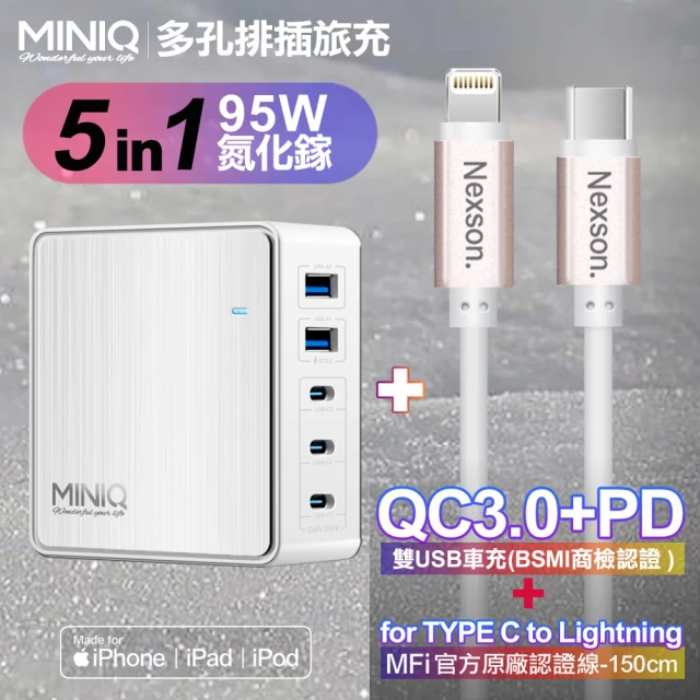 MiniQ AC-DK200T氮化鎵五孔2A3C 95W 充電器白+NEXSON 蘋果認證 Type-C to Lightning-玫瑰金色