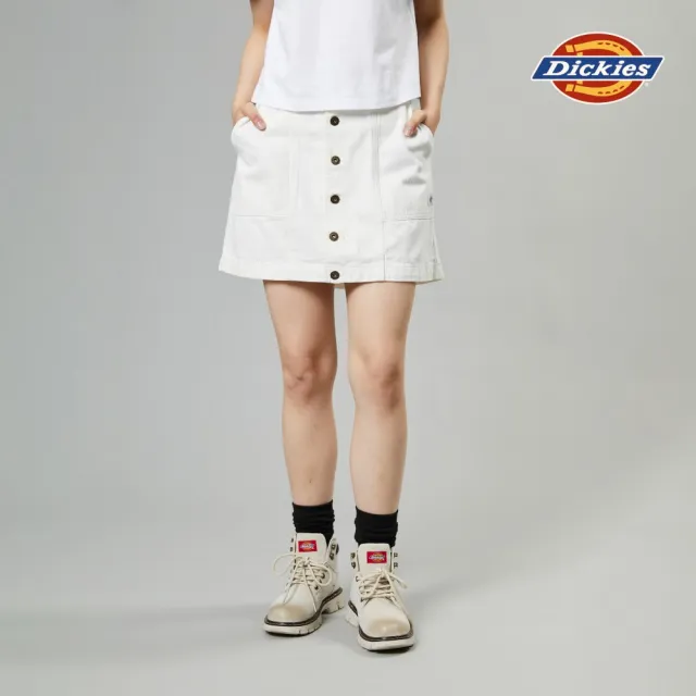 【Dickies】女款白色純棉品牌金屬釦簡約丹寧短裙｜DK013002WHX