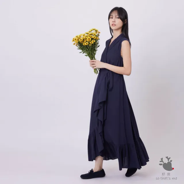 【so that’s me 好我】Ripple無袖荷葉開襟綁帶洋裝(深藍)