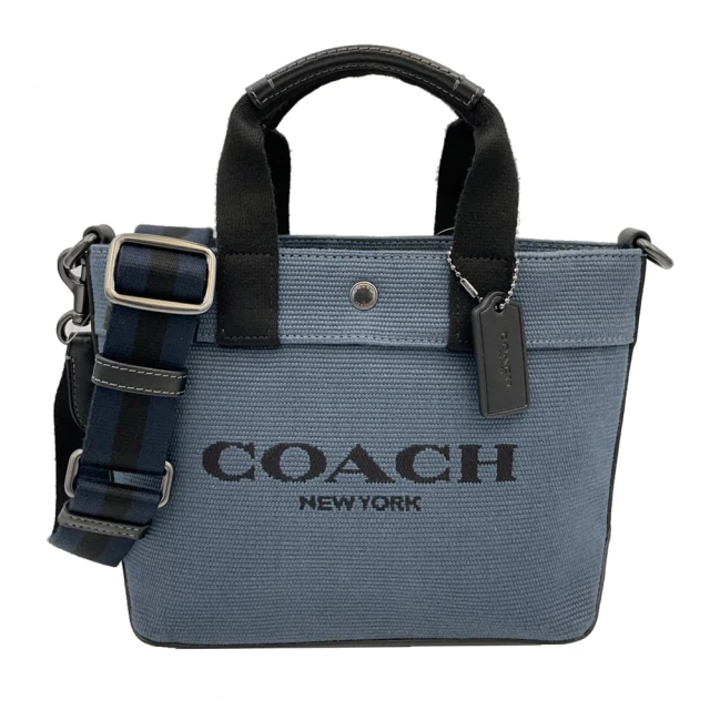 COACH 字母LOGO手提斜背兩用帆布小托特包(藍)