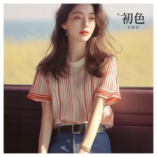 【初色】韓系豎條紋寬鬆顯瘦圓領短袖T恤上衣女上衣-紅色-36148(M-2XL可選)
