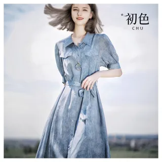 【初色】法式扎染輕薄單排扣短袖綁帶襯衫連衣裙連身洋裝長洋裝-藍色-36179(M-XL可選)
