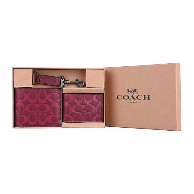 【COACH】COACH 經典C字LOGO小牛皮8卡對折短夾三合一禮盒組(酒紅)