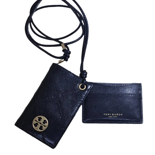 TORY BURCH TORY BURCH Willa 金色圓牌LOGO菱格紋掛繩卡片夾(贈原廠紙袋)