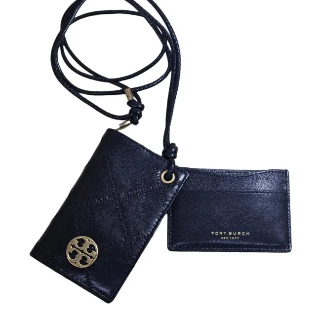 【TORY BURCH】TORY BURCH Willa 金色圓牌LOGO菱格紋掛繩卡片夾(贈原廠紙袋)