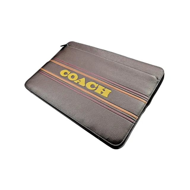 【COACH】荔枝紋皮革黃色字印全皮電腦/iPad收納包(咖啡色)