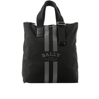 【BALLY】On The Go 條紋尼龍手提/肩背托特包_贈收納袋(黑色)