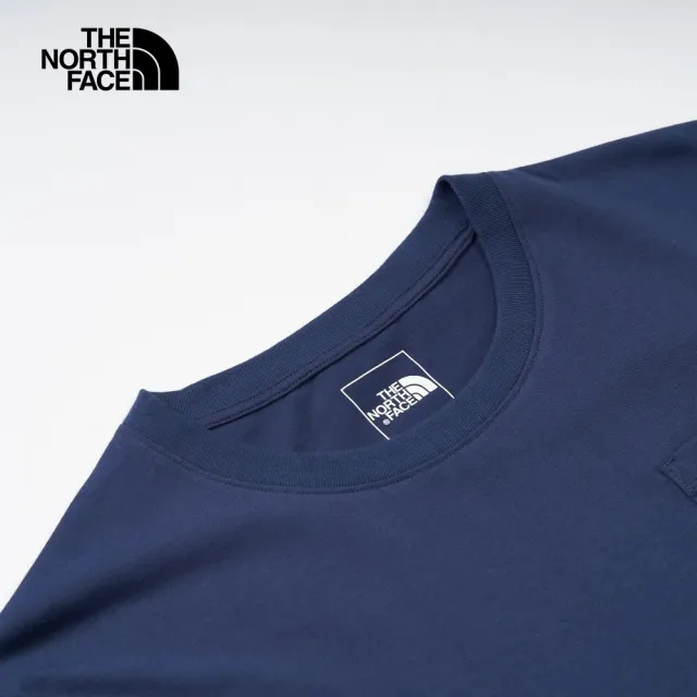 【The North Face 官方旗艦】北面男女款藍色胸前LOGO口袋短袖T恤｜88G48K2(上衣/LOGO)