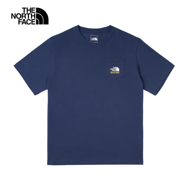 【The North Face 官方旗艦】北面男女款藍色胸前LOGO口袋短袖T恤｜88G48K2(上衣/LOGO)