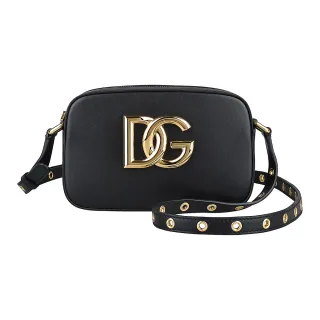 【DOLCE&GABBANA 杜嘉班納】D&G DOLCE&GABBANA 3.5 LOGO拉鍊小牛皮孔洞背帶斜背相機包(黑)