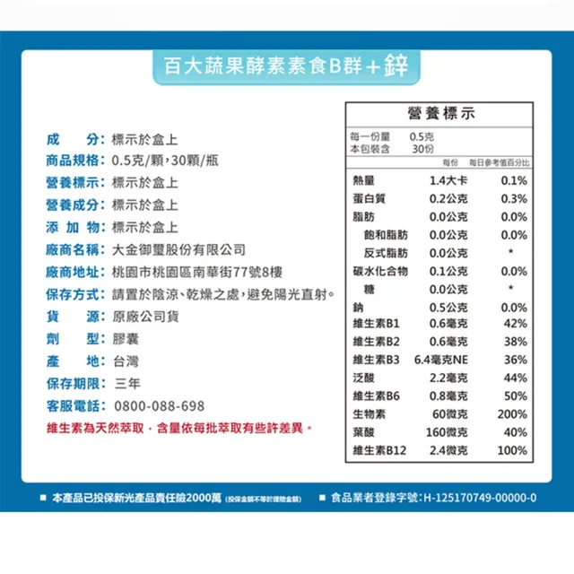 【宏醫生技】百大蔬果酵素素食B群+鐵/素食B群+鋅(30粒/盒-任選7入組)