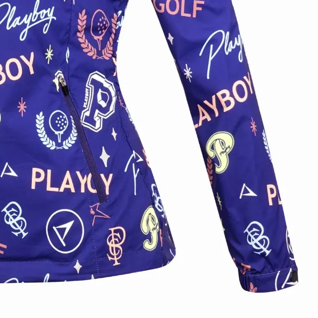 【PLAYBOY GOLF】女款可收納連帽彩色塗鴉外套-藍(防風透氣/防潑水/高爾夫/KC24103-56)