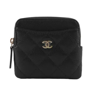 【CHANEL 香奈兒】淡金色CC Logo 荔枝牛皮ㄇ形拉鍊附5卡零錢包(黑色)