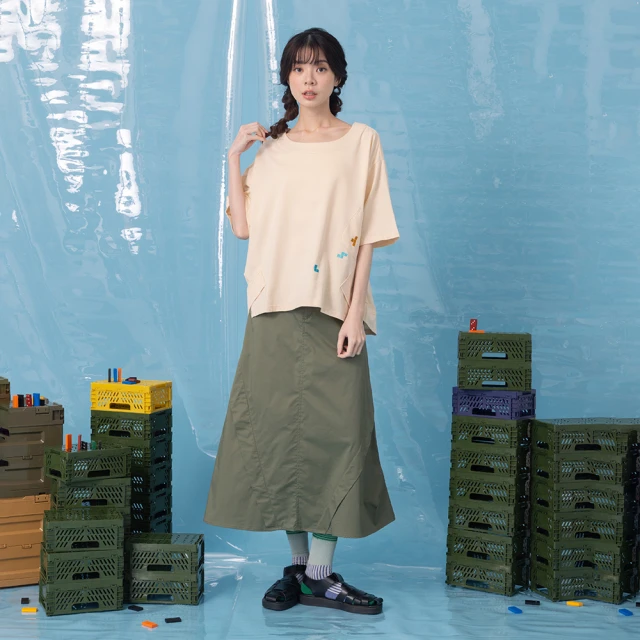 【MOSS CLUB】不對稱棉質工裝長裙(綠 咖 灰)