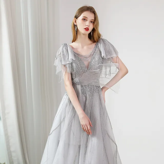 【女神婚紗禮服】輕奢氣質蝴蝶飛袖深V串珠A字裙晚禮服PLGZ-2404淺灰(演奏宴會敬酒 綁帶款高級晚禮服)