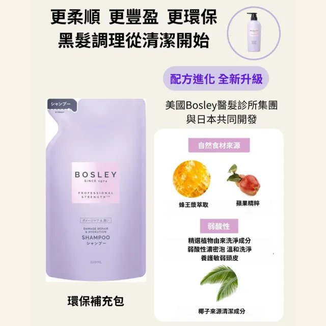 【Bosley】黑髮洗髮精400ml+黑髮洗髮精補充包320ml(黑髮養護升級版)