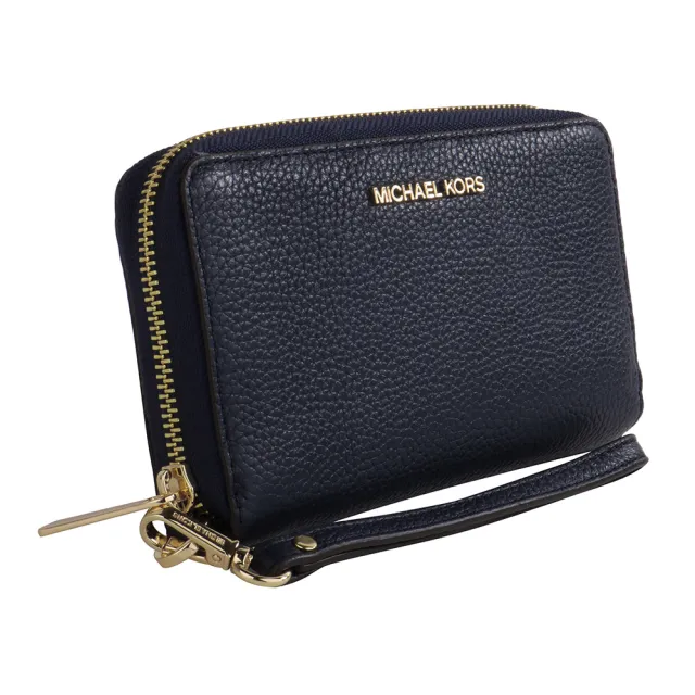 【Michael Kors】金字荔枝紋皮革掛帶手機包中夾(海軍藍)