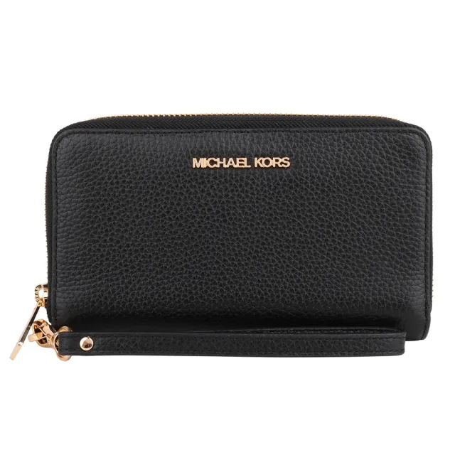 【Michael Kors】金字荔枝紋皮革掛帶手機包/中夾(素面黑)（其他規格）