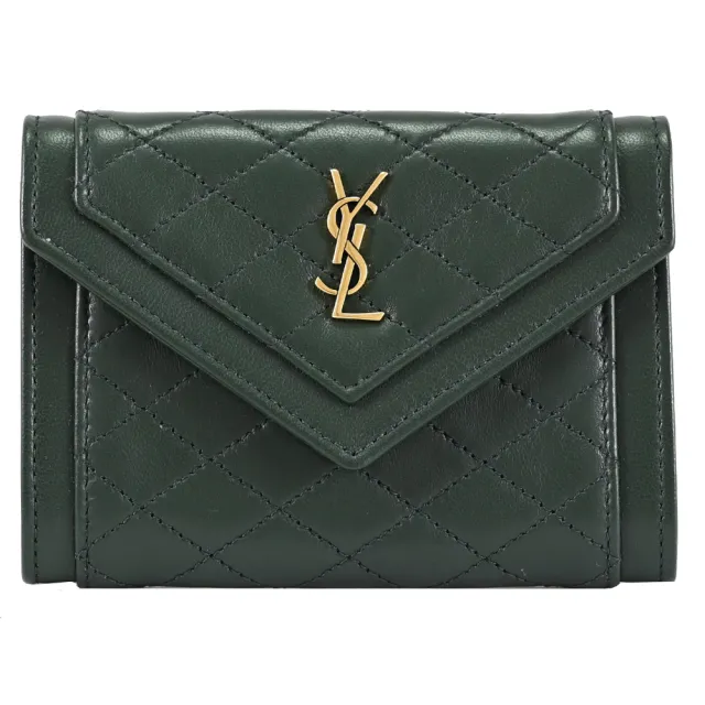 【YSL】經典字母LOGO菱格縫線小羊皮信用卡名片式扣式零錢包(深綠)