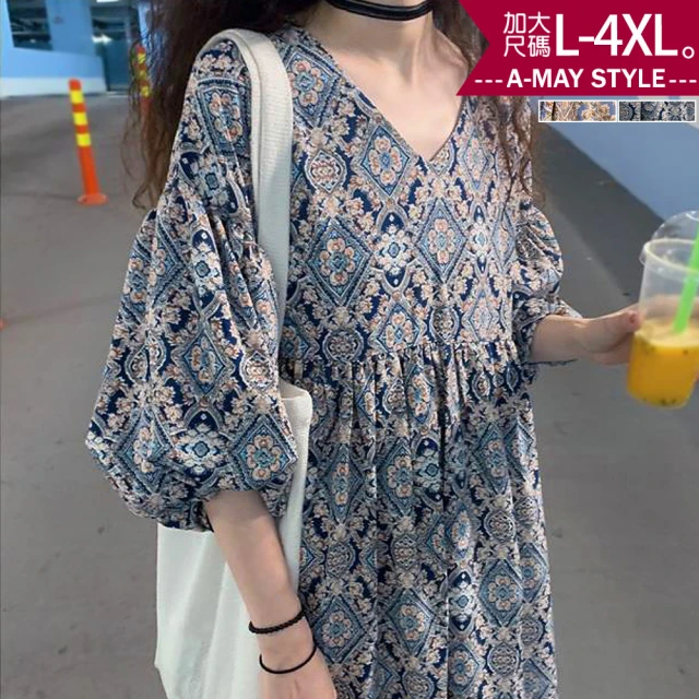 Amay Style 艾美時尚 洋裝 中大尺碼女裝 連身裙 波西米亞渡假風V領印花澎袖顯瘦長洋裝。L-4XL(2色.預購)