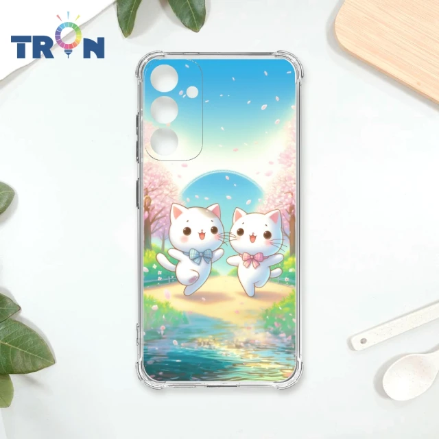 TRON 三星 A15 5G 櫻花插畫風格白貓咪 四角防摔殼