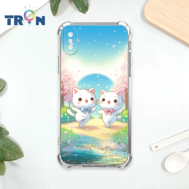 TRON IPhone X/XS/XR/XS MAX 櫻花插畫風格白貓咪 四角防摔殼 手機殼