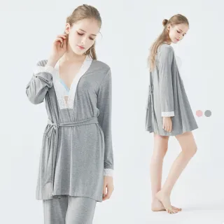 【Gennies 奇妮】親膚修身罩衫外套-灰/粉(孕婦裝 月子服 居家睡衣 長袖 綁帶 外搭)