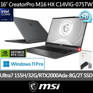 Office2021★ MSI 16吋U7 RTX2000創作者筆電(CreatorPro16 AI studio/Ultra7-155H/32G/2T SSD/W11P/070TW