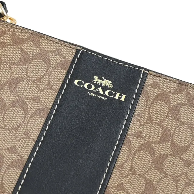 【COACH】復刻新版經典C字LOGO條紋印花手提零錢包手拿包(駝/黑)