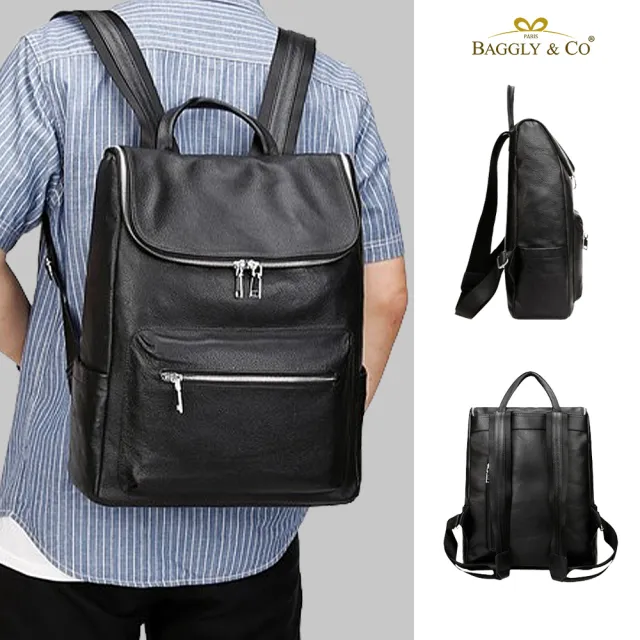 【BAGGLY&CO】雙11 真皮 男款大開口大容量商務出差頭層牛皮雙肩包(真皮包包 旅行包 商務包)