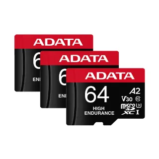 三入組【ADATA 威剛】High Endurance  microSDXC UHS-I U3 A2 V30  64G高耐用記憶卡(附轉卡)